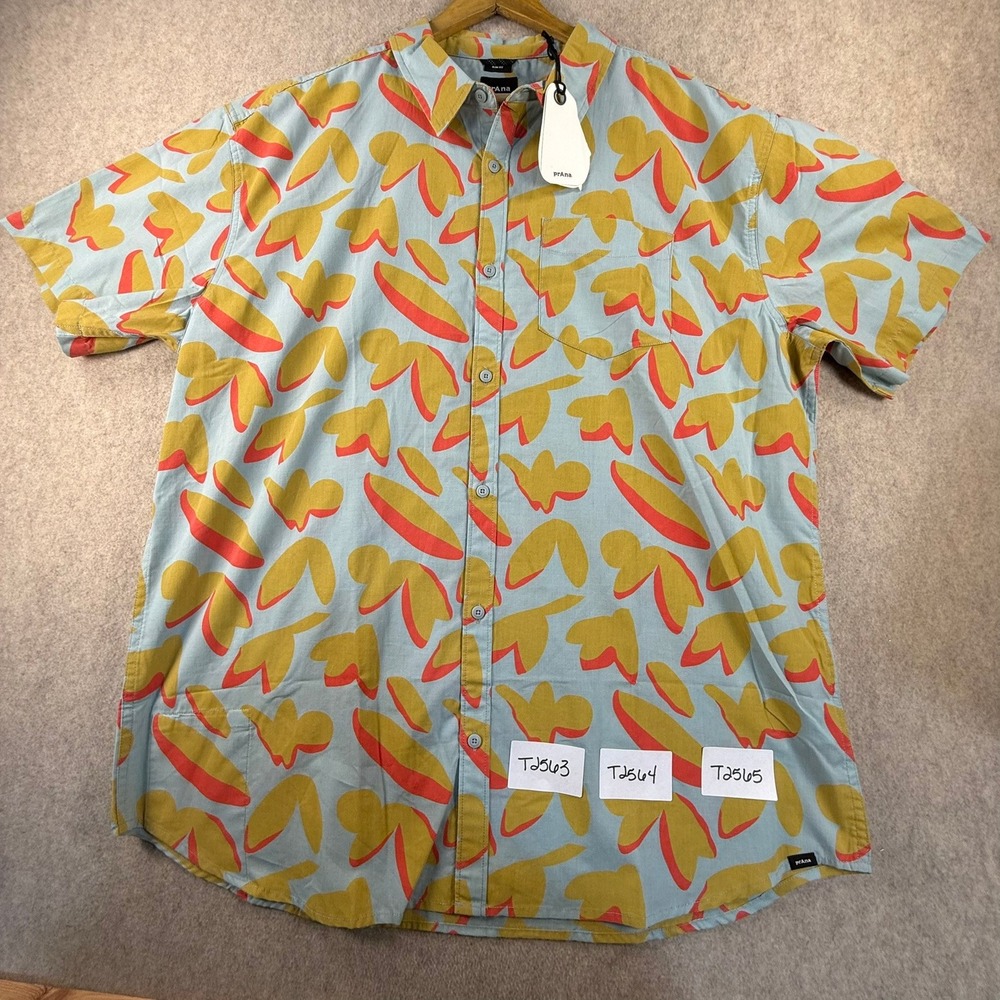 NWT Prana Mens XXL Slim Fit Short Sleeve Button Down Shirt Abstract Print